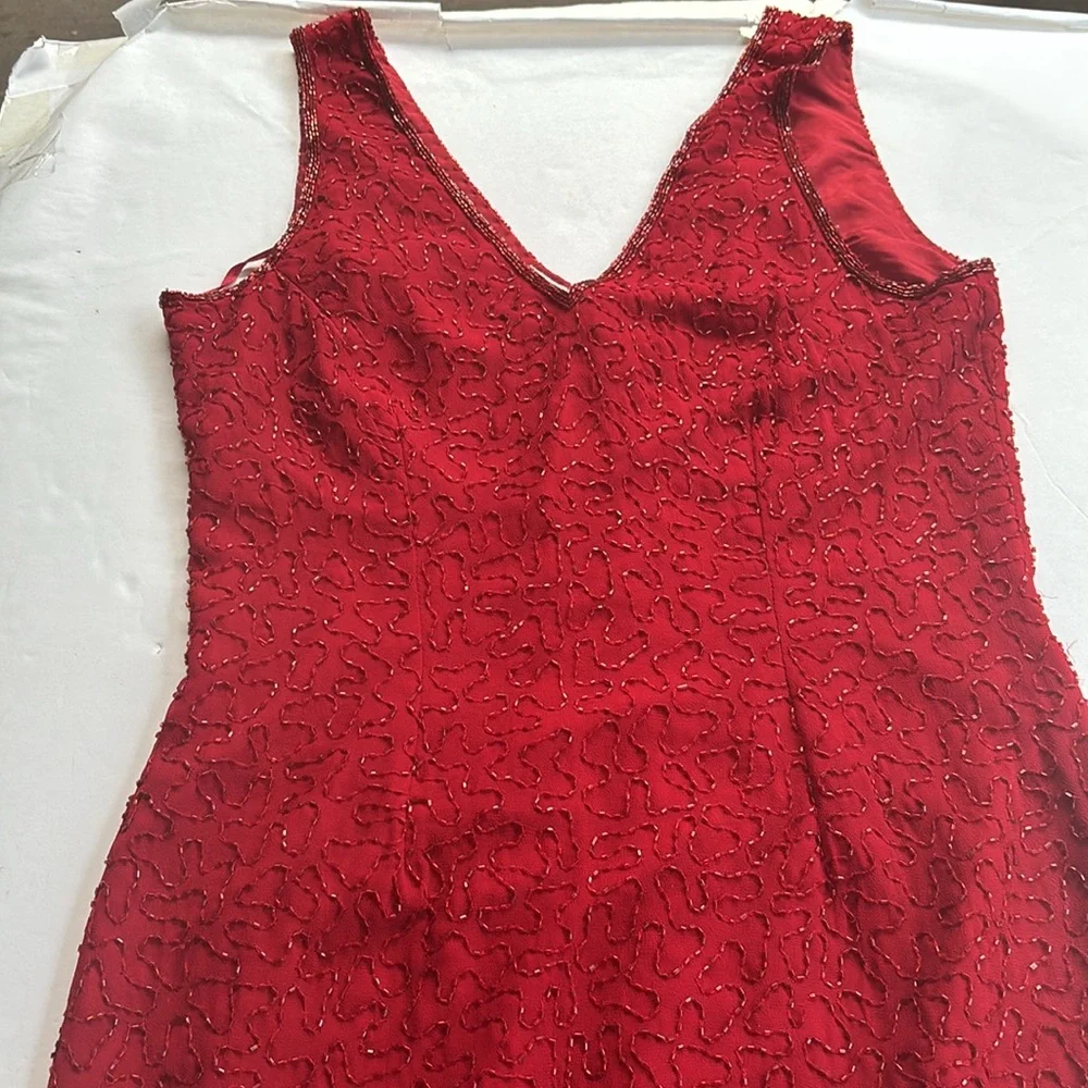 Vintage J Kara 90 2000 Beaded Short Gown Dress Flapper Red Medium y2k Nordstrom - Picture 6 of 17